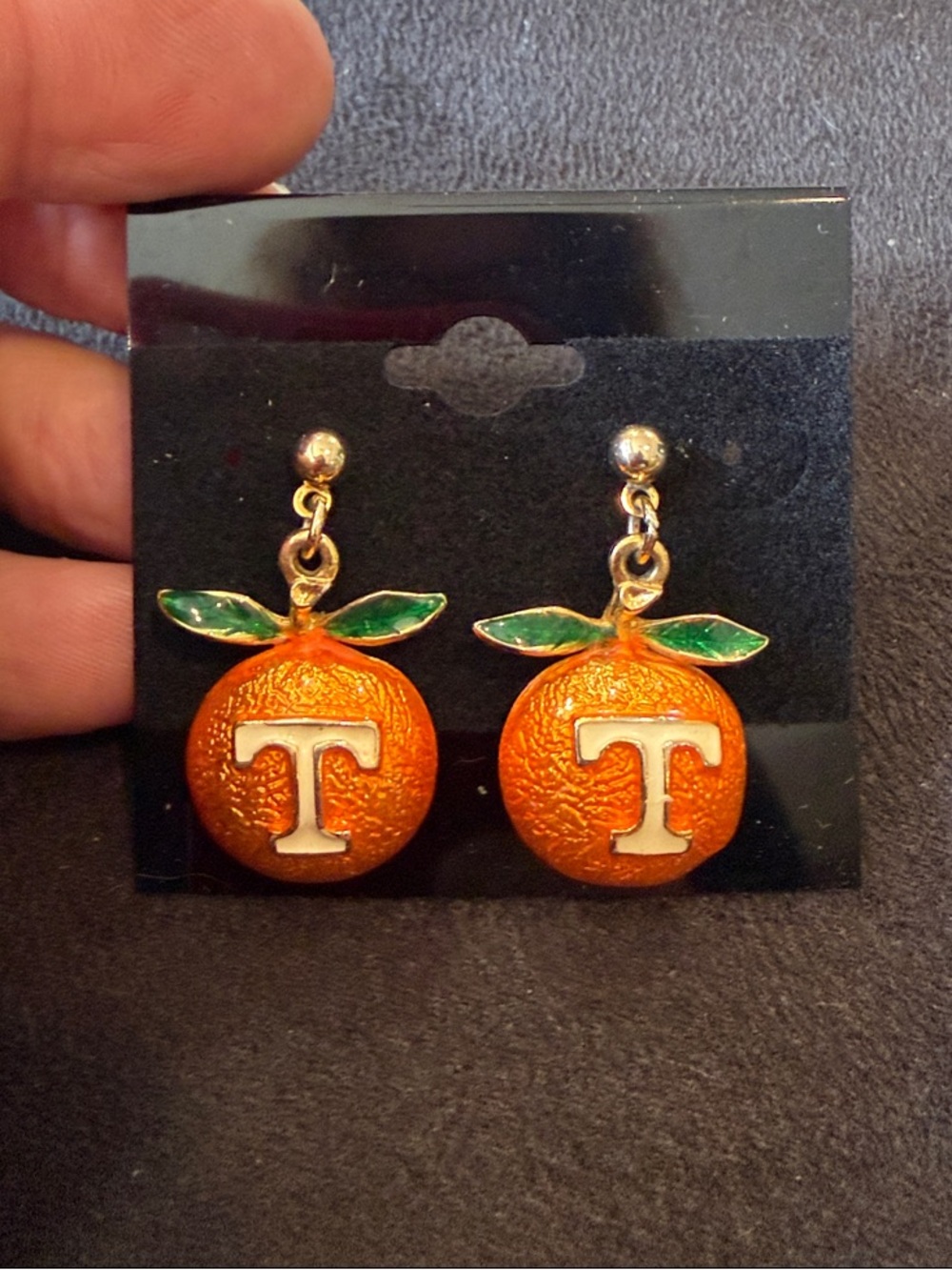 Orange Drop Earrings with Green Leaves and 'T' Detail